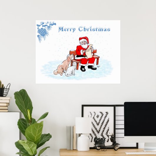 Vrolijk kerstfeest - Kerstman met kat en hond Poster (Thuiskantoor)