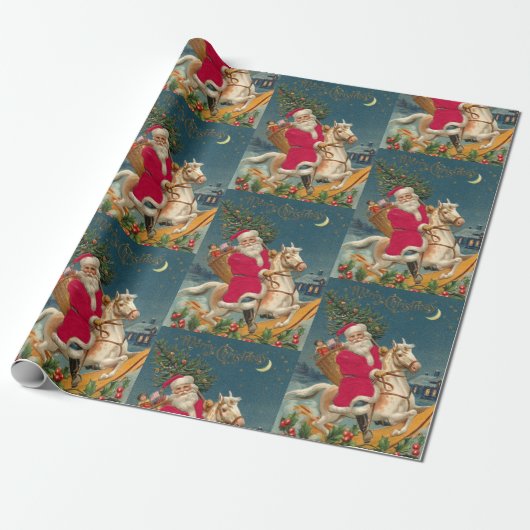 Vrolijk kerstfeest  kerstman op paard cadeaupapier (Uitgerold)