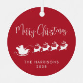 Vrolijk Kerstfeest Kerstman Sleigh Foto rood Metalen Ornament (Voorkant)