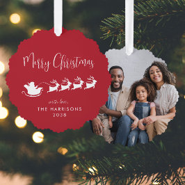 Vrolijk Kerstfeest Kerstman Sleigh Foto rood Ornament Kaart