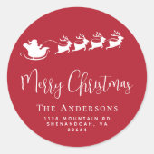 Vrolijk Kerstfeest Kerstman Sleigh Red Retour Adre Ronde Sticker (Voorkant)