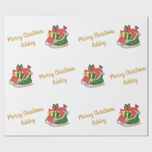Vrolijk Kerstfeest Kerstman's Sleigh Custom Name Cadeaupapier (Vlak)