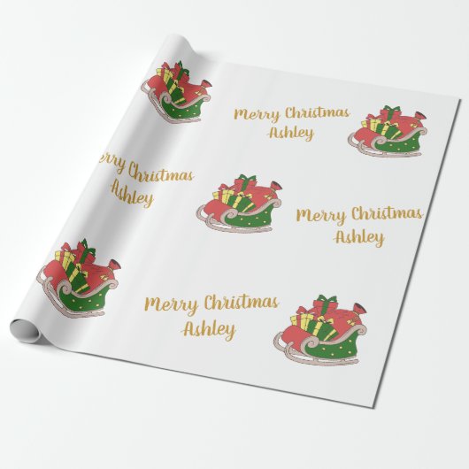 Vrolijk Kerstfeest Kerstman's Sleigh Custom Name Cadeaupapier (Uitgerold)