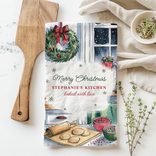 Vrolijk Kerstfeest Keuken Bakken Scene Gepersonali Theedoek