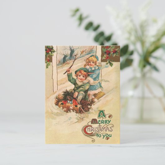  Vrolijk Kerstfeest Kinderen op Sleight Feestdagenkaart (Staand voorkant)