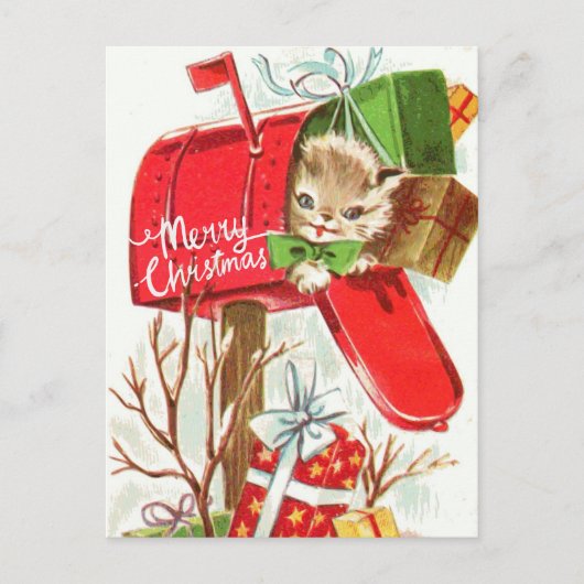 Vrolijk kerstfeest  Kitten in de brievenbus Briefkaart (Voorkant)