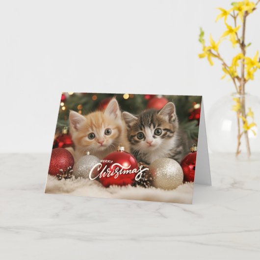 Vrolijk kerstfeest Kittens en Ornamenten Kaart (Gele Bloem)