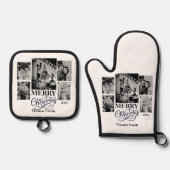 Vrolijk Kerstfeest Klantnaam Familienaam Foto's Ovenwant & Pannenlap Set (Voorkant)