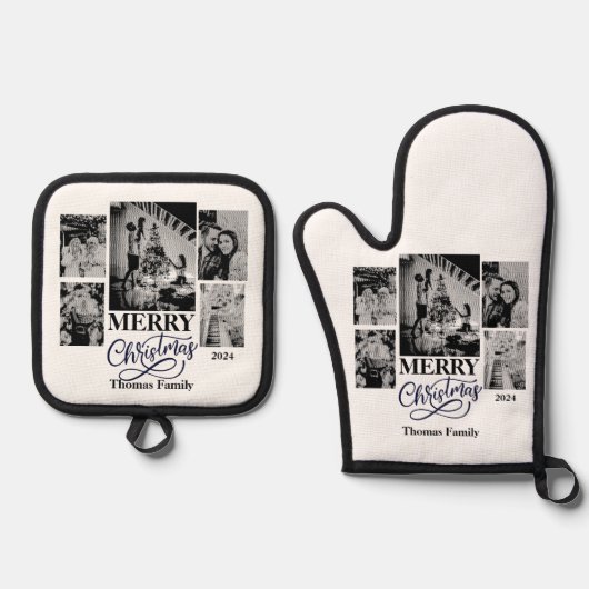 Vrolijk Kerstfeest Klantnaam Familienaam Foto's Ovenwant & Pannenlap Set (Voorkant)