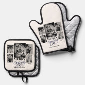Vrolijk Kerstfeest Klantnaam Familienaam Foto's Ovenwant & Pannenlap Set (Voorkant / Achterkant)