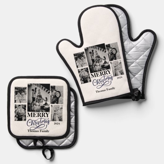 Vrolijk Kerstfeest Klantnaam Familienaam Foto's Ovenwant & Pannenlap Set (Voorkant / Achterkant)