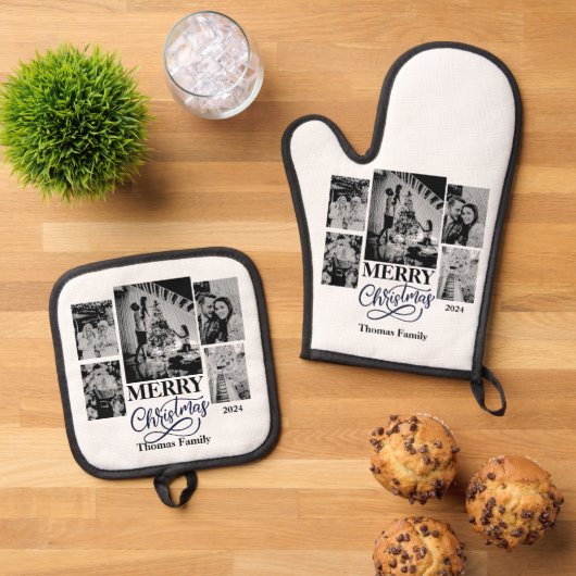 Vrolijk Kerstfeest Klantnaam Familienaam Foto's Ovenwant & Pannenlap Set (Top down)
