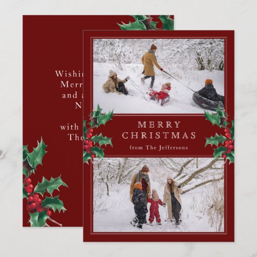 Vrolijk Kerstfeest Klassiek Rood Twee Custom Photo Feestdagenkaart (Voorkant / Achterkant)