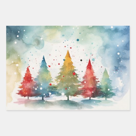 "Vrolijk kerstfeest" kleurrijke dennenbomen Inpakpapier Vel (Voorkant)