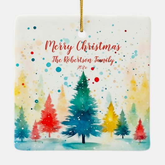 "Vrolijk kerstfeest" kleurrijke dennenbomen Keramisch Ornament (Achterkant)
