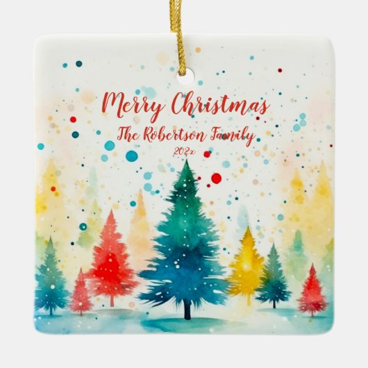 "Vrolijk kerstfeest" kleurrijke dennenbomen Keramisch Ornament (Voorkant)