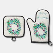 Vrolijk Kerstfeest Kleurrijke Krans Ovenwant & Pannenlap Set (Voorkant)