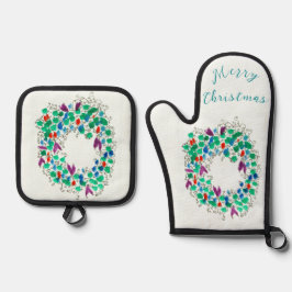 Vrolijk Kerstfeest Kleurrijke Krans Ovenwant & Pannenlap Set