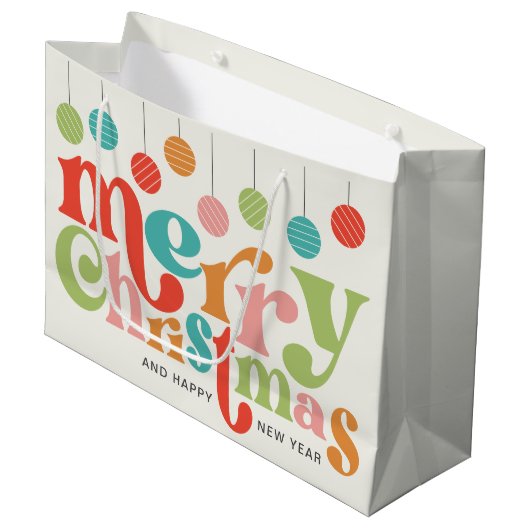 Vrolijk kerstfeest kleurrijke retro Ornamenten Groot Cadeauzakje (Voorkant Gekanteld)