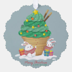 Vrolijk kerstfeest: konijntjes en ijs ornament kaart