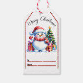 Vrolijk kerstfeest label met een sneeuwpop en cade cadeaulabel (Voorkant)