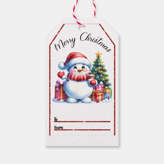 Vrolijk kerstfeest label met een sneeuwpop en cade cadeaulabel (Achterkant)