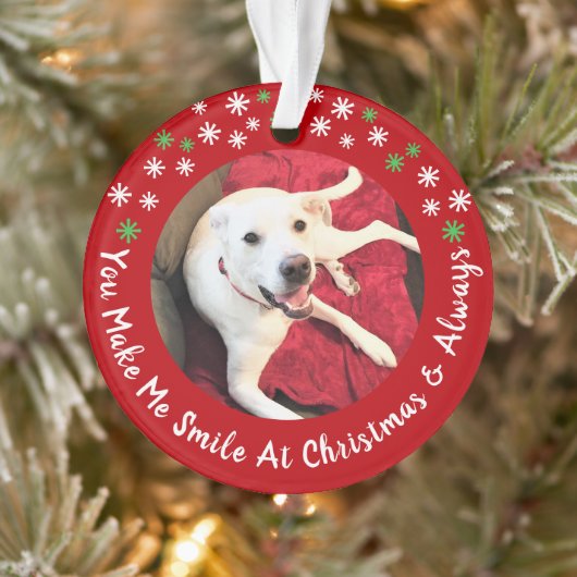 Vrolijk Kerstfeest Lachende Hond Foto Grappig Rode Ornament (Boom)