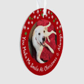 Vrolijk Kerstfeest Lachende Hond Foto Grappig Rode Ornament (voorkant)