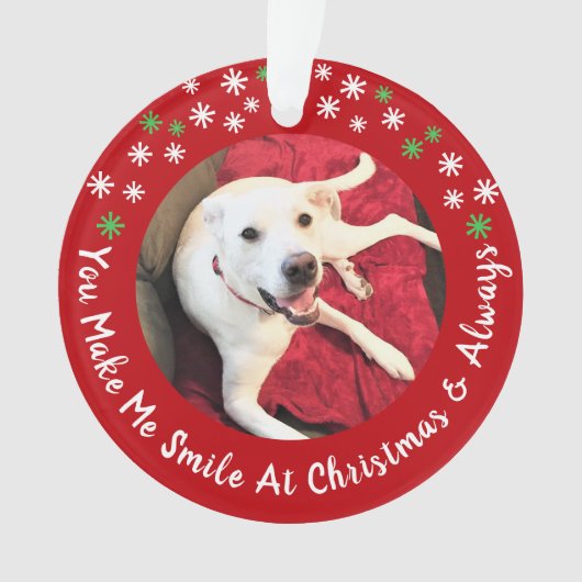 Vrolijk Kerstfeest Lachende Hond Foto Grappig Rode Ornament (voorkant)