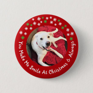 Vrolijk Kerstfeest Lachende Hond Foto Grappig Rode Ronde Button 5,7 Cm