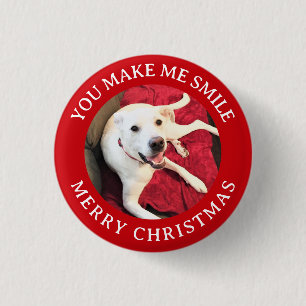 Vrolijk Kerstfeest Lachende Hond Foto Grappig Rood Ronde Button 3,2 Cm