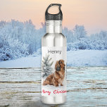 Vrolijk kerstfeest langharige teckel hond in de sn waterfles<br><div class="desc">Geniet van extra wintermagie met deze heerlijke doxie-themed waterfles. Het herbruikbare flesje is voorzien van een waterverf-achtige afbeelding van een schattige langharige teckel, in een winterwonderland van sneeuw en groenblijvende bomen. De begroeting 'Merry Christmas' verschijnt onder het afbeelding van de worsthond, in een sierlijke scripttypografie in vrolijk felrood. Personaliseer met...</div>