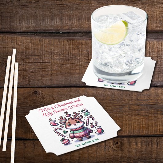 Vrolijk Kerstfeest & Lelijke Trui Wensen Rendier Kartonnen Onderzetters