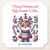 Vrolijk Kerstfeest & Lelijke Trui Wensen Rendier Kartonnen Onderzetters (Voorkant)