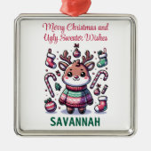 Vrolijk Kerstfeest & Lelijke Trui Wensen Rendier Metalen Ornament (Voorkant)