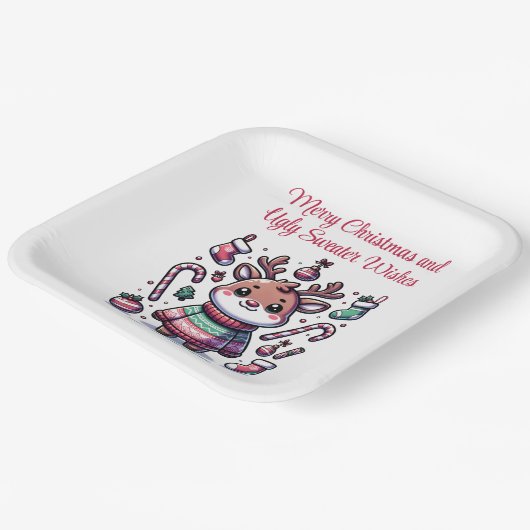 Vrolijk Kerstfeest & Lelijke Trui Wensen Rendier Papieren Bordje (Gebogen)