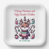 Vrolijk Kerstfeest & Lelijke Trui Wensen Rendier Papieren Bordje (Voorkant)