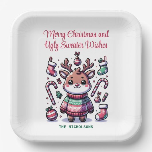 Vrolijk Kerstfeest & Lelijke Trui Wensen Rendier Papieren Bordje (Voorkant)