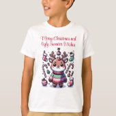 Vrolijk Kerstfeest & Lelijke Trui Wensen Rendier T-shirt (Voorkant)