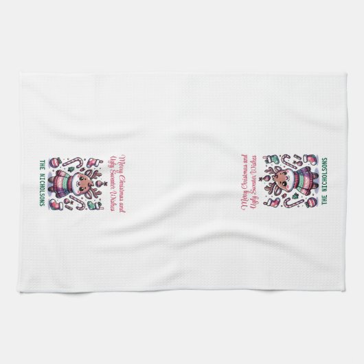 Vrolijk Kerstfeest & Lelijke Trui Wensen Rendier Theedoek (Horizontaal)