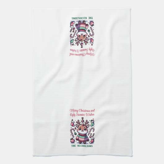 Vrolijk Kerstfeest & Lelijke Trui Wensen Rendier Theedoek (Verticaal)