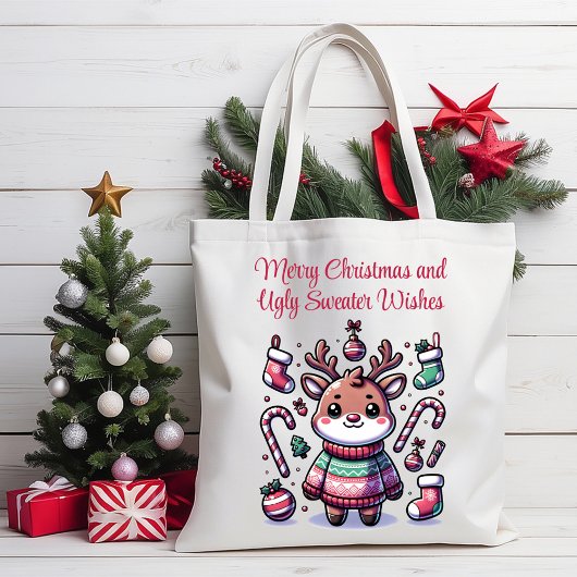 Vrolijk Kerstfeest & Lelijke Trui Wensen Rendier Tote Bag