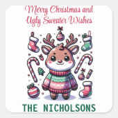Vrolijk Kerstfeest & Lelijke Trui Wensen Rendier Vierkante Sticker (Voorkant)