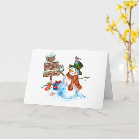 Vrolijk Kerstfeest Leuke Sneeuwman en Vogels Kaart (Gele Bloem)