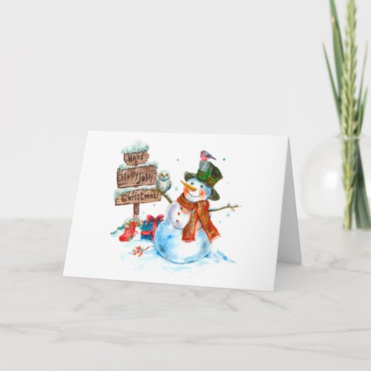 Vrolijk Kerstfeest Leuke Sneeuwman en Vogels Kaart (Voorkant)