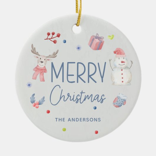 Vrolijk Kerstfeest Leuke Waterverf Winterfoto Keramisch Ornament (Voorkant)
