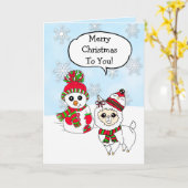 Vrolijk kerstfeest Llama en Snowman Hand Drawn Kaart (Gele Bloem)