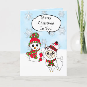Vrolijk kerstfeest Llama en Snowman Hand Drawn Kaart