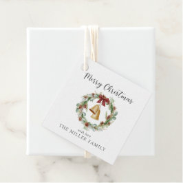 Vrolijk kerstfeest, loof krans met gouden klokken bedankjes labels