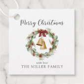 Vrolijk kerstfeest, loof krans met gouden klokken bedankjes labels (Voorkant)